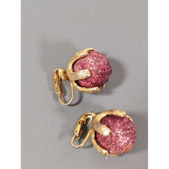 Vintage Raspberry Pink Sugared Round Clip On Earrings Gold Tone MCM Bold - Picture 5 of 9
